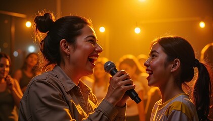 Fototapeta premium Cheerful young women singing joyfully on stage with warm golden lighting and a vibrant audience in the background, entertainment concept of music venues or karaoke bars