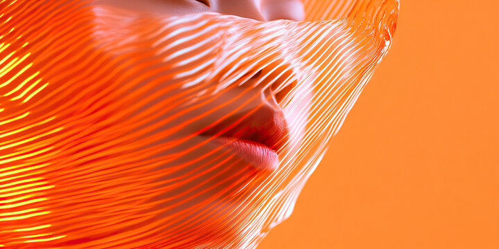 Woman's Face Partially Covered by Orange, Lined Translucent Material