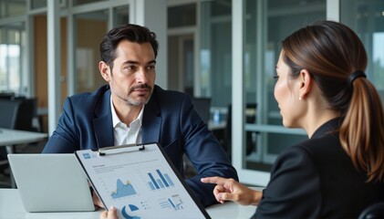 Two business professionals discussing financial reports while seated at a modern office table, corporate environment concept of consulting or finance