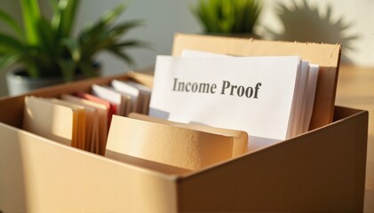 Document box filled with organized files labeled 'Income Proof' with greenery in the background, business concept of accounting or finance