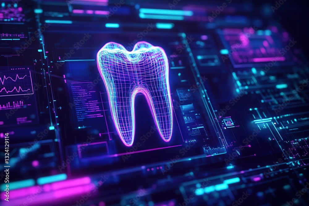 Poster futuristic dental implant design displayed in a high-tech neon interface with glowing elements and s