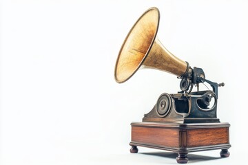 Vintage gramophone with brass horn on wooden base isolated on Transparent Background