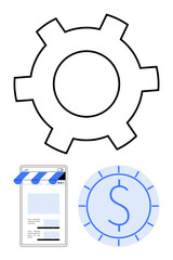 Gear symbolizes process optimization, storefront suggests online marketplace, coin implies financial growth. Ideal for e-commerce, business efficiency, digital marketing, finance, process