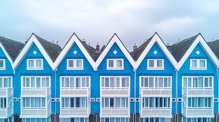 Row of blue buildings with white trim and triangular shaped roofs