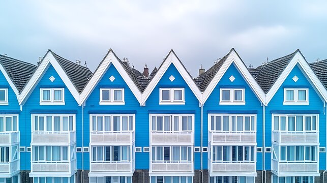 Row of blue buildings with white trim and triangular shaped roofs - Powered by Adobe