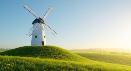 Fototapeta premium Serene windmill spins gently bathed in morning sunlight. AI Generated