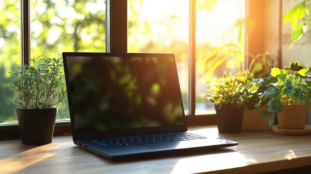 A sleek black laptop, with its closed screen, rested gracefully on a bright, sunlit desk, exuding an aura of modern sophistication and technological prowess.
