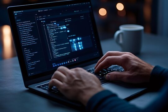 Software developer programming on laptop in dark office at night