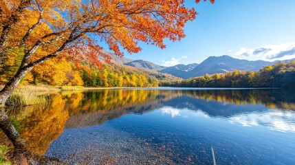 Fototapeta premium Autumn landscape with colorful trees and serene lake.