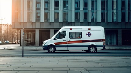 White ambulance parked outside contemporary hospital building with illuminated windows, showcasing emergency medical readiness