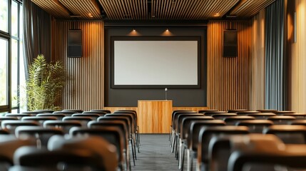 Modern conference room with wooden decor and seating.