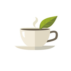 Very Simple flat 2D icon cup of tea with tea leaf isolated on a white background, vector, flat design, animation design, simple flat 2D icon, minimalist design, clipart