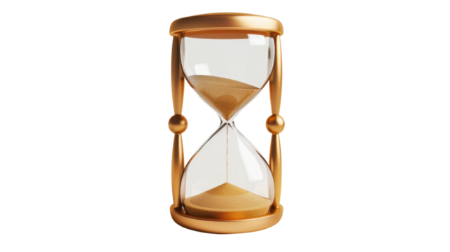 Golden hourglass measuring time on transparent background