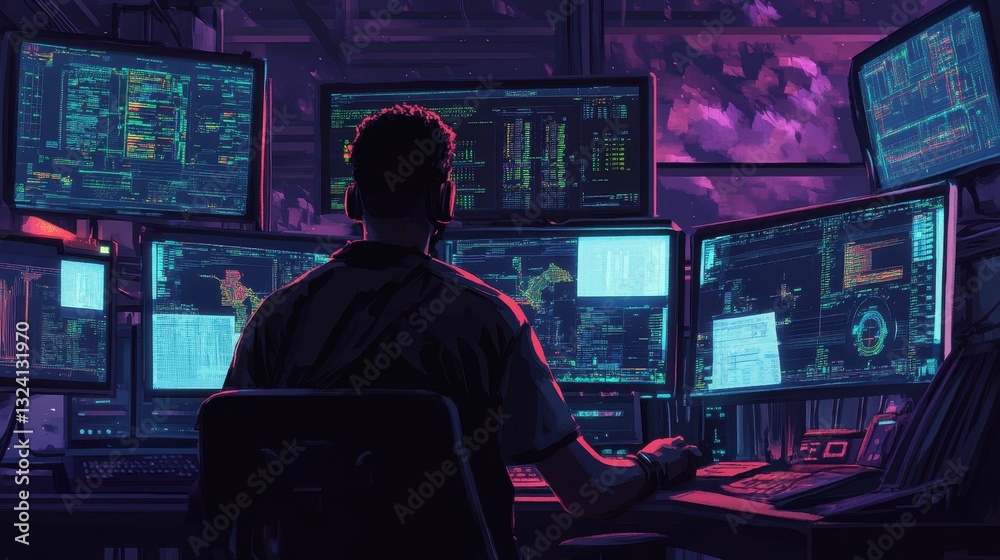 Wall mural hacker at night neon code on multiple monitors