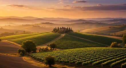 Fototapeta premium Golden Hour Tuscan Villa Dramatic Sunrise Landscape. AI Generated