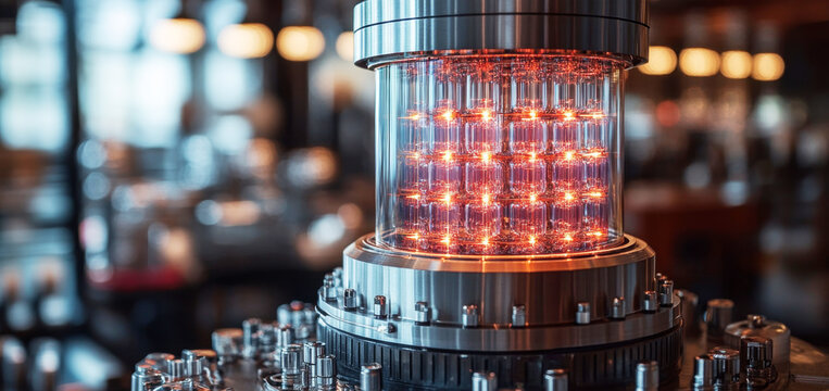 A sophisticated quantum computer featuring qubits in superposition and entangled states is showcased in a modern tech space.
