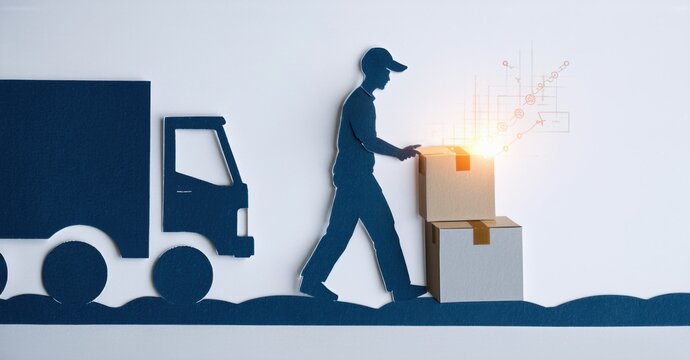 Paper cutout of person tracking package with glowing delivery status deep navy and muted silver symbolizing real time shipment updates