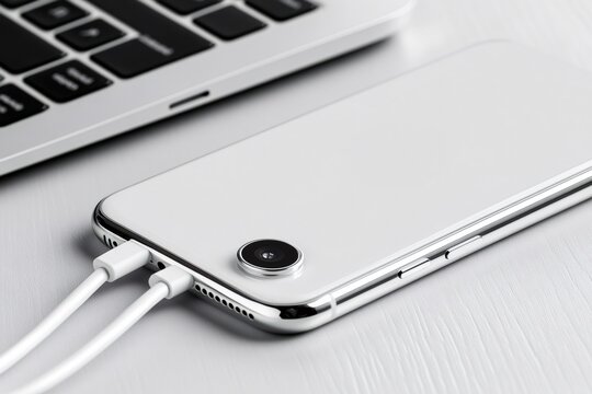 White smartphone charging next to laptop on desk