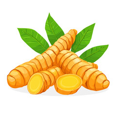 Very Simple flat 2D icon sliced turmeric with leaves isolated on a white background, vector, flat design, animation design, simple flat 2D icon, minimalist design, clipart