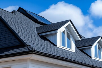 Modern house featuring skylights and dormer windows with asphalt shingles roof