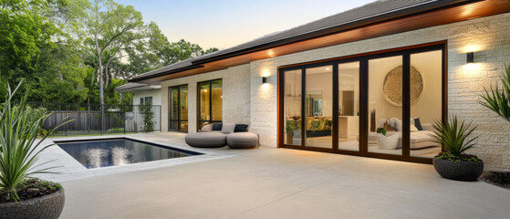 Fototapeta premium Modern backyard retreat featuring a pool and stylish outdoor seating area