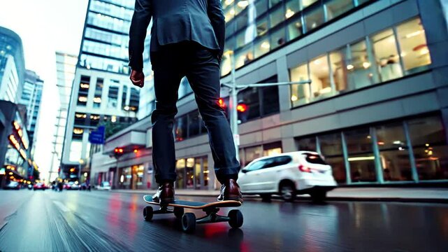 Executive business man riding skateboard in financial modern downtown district. Rush hour getting to work office ,sustainable transport environment friendly