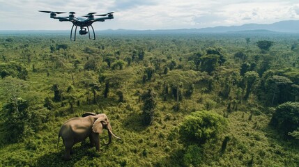 Monitoring wildlife, drones following elephants in lush green landscape with technology