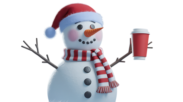 A cheerful snowman with a red hat and scarf, perfect for winter- A cheerful snowman wearing a red hat and a striped scarf, set against a white isolated background, perfect for holiday