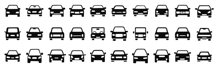 car icon set featuring automobile symbols, traffic signs, and vehicle silhouettes. Perfect for transportation, driving apps, automotive design, leasing, and travel illustrations. Vector illustration.