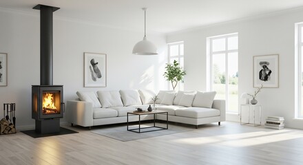 Fototapeta premium Brightly lit modern living room boasts stylish sectional sofa. AI Generated