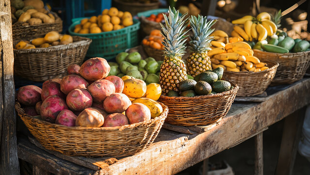 Rustic Dominican Market Stall – Fresh Pineapples, Avocados, Sweet Potatoes, and Passion Fruit in Woven Baskets for Farm-to-Table and Culinary Imagery