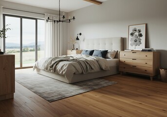 Serene Bedroom Soft Light Warm Wood Floors. AI Generated