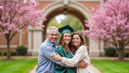 Happy graduate embracing family members outdoors with blooming pink trees in the background, graduation celebration concept of education, photography, family support