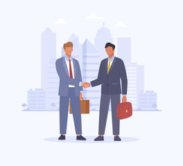 Partnership in business. Two men in suits shaking hands on the city background. Business concept of concluding contract, teamwork