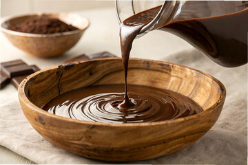 Fototapeta premium Rich Dark Chocolate Sauce Pouring into Wooden Bowl Surrounded by Cocoa and Chocolate Ingredients for Gourmet Dessert Applications