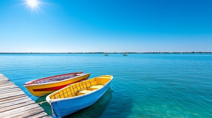 Naklejka premium Two vibrant boats float peacefully on clear turquoise waters under a shining sun, creating a perfect scene for relaxation and adventure at an idyllic beach destination.