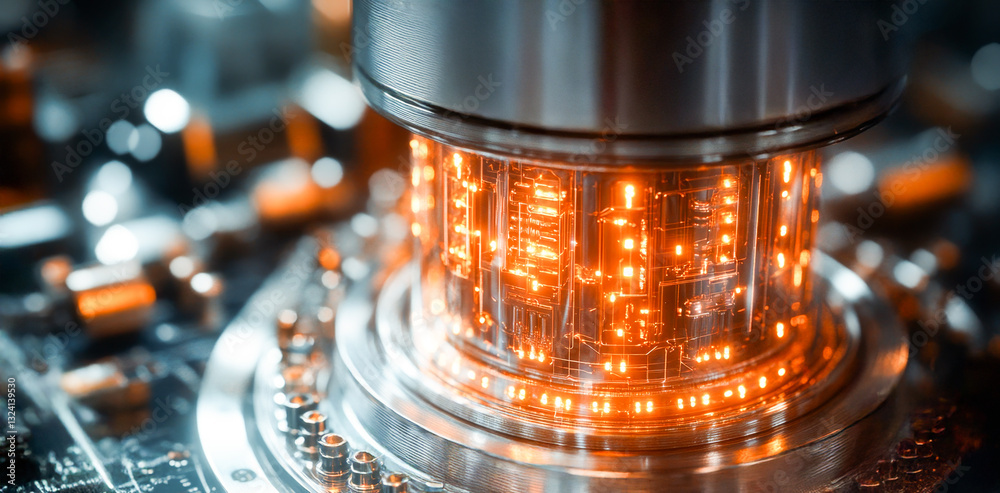 Poster This setting showcases a highly detailed quantum processor illuminated with orange lights. It highlights the intricate connections involved in quantum algorithms and neural optimization processes.
