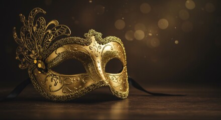 Naklejka premium Elegant Gold Venetian Mask Warm Light. AI Generated