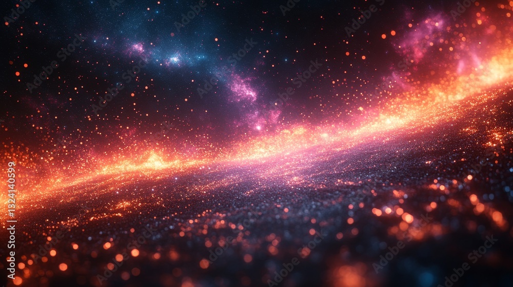 Poster A vivid cosmic scene depicts quantum computing concepts, showcasing particles in superposition and entanglement among stars and colorful nebulae, highlighting their algorithms.