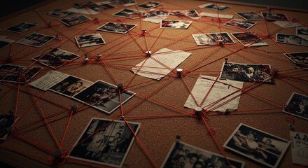 Mysterious clues subtly connect on corkboard. AI Generated