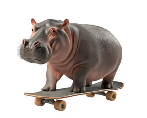 hippo trying to balance on skateboard, showcasing its clumsy yet amusing nature. This playful scene captures essence of fun and lightheartedness