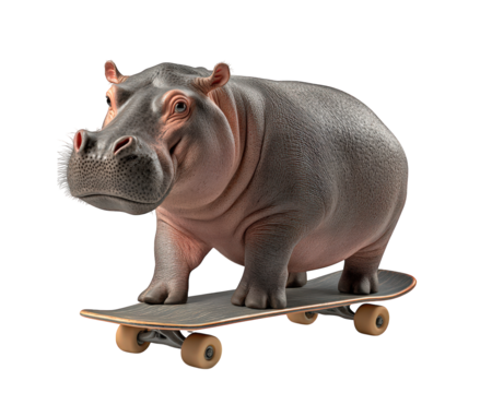 hippo trying to balance on skateboard, showcasing its clumsy yet amusing nature. This playful scene captures essence of fun and lightheartedness