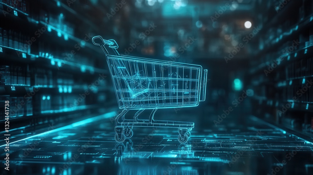 Poster futuristic shopping cart floats in digital space with glowing holographic interface and cyberpunk ae