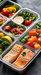 Nutritious Salmon Meal Prep: Fresh, Healthy Portions for Balanced Dieting and Wellness. Protein-Rich Lunch with Vegetables, Lemon, and Herbs. Macro-Friendly Cuisine.