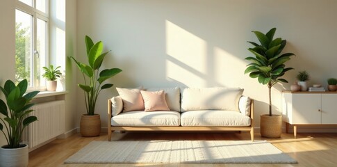 Serene Living Room Interior Design with Natural Light and Lush Greenery