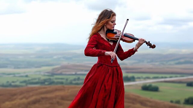 Elegant Woman Playing the Violin with Passion &ndash; Classical Music Performance, Artistic Expression, and Musical Talent in a Beautiful Setting