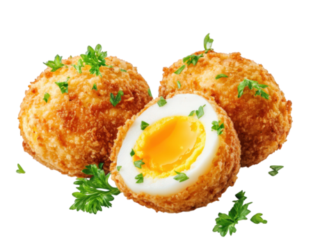 Crispy scotch eggs with soft yolk, garnished with fresh herbs, create delightful snack. Perfect for parties or as savory treat