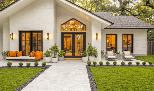 Beautiful modern home with inviting entrance and lush landscaping during sunset