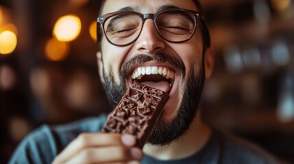 Indulge in Delicious Chocolate: A Close-Up Portrait of Pure Joy, Sweetness, and Satisfying Delight of a Man Enjoying a Treat with a Happy Expression