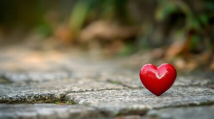 Fototapeta premium A Heartfelt Gesture: Red Heart Symbol on Stone Path for Valentine's Day, Love, and Romance. A Symbol of Passion and Affection, Perfect for Celebrations and Romantic Gifts.